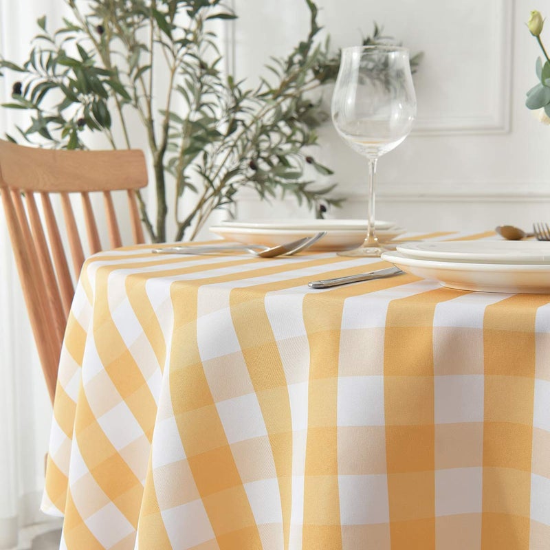 maxmill Round Checkered Tablecloth Spillproof Wrinkle Free Heavy Weight Gingham Table Cloth for Circular Table Buffalo Plaid for Buffet Banquet Parties Holiday Dinner 70 Inch Yellow and White - Image 5